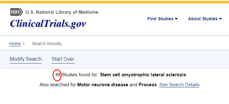 clinicaltrials.gov網(wǎng)站上注冊(cè)的有關(guān)干細(xì)胞治療肌萎縮側(cè)索硬化癥的臨床研究項(xiàng)目有46項(xiàng)。