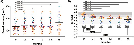 隨時(shí)間測量的腎體積和腎動(dòng)脈阻力指數(shù)。