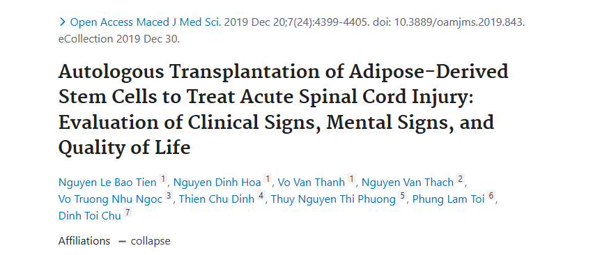 脂肪干細胞自體移植治療急性脊髓損傷：臨床癥狀、精神癥狀和生活質量評估