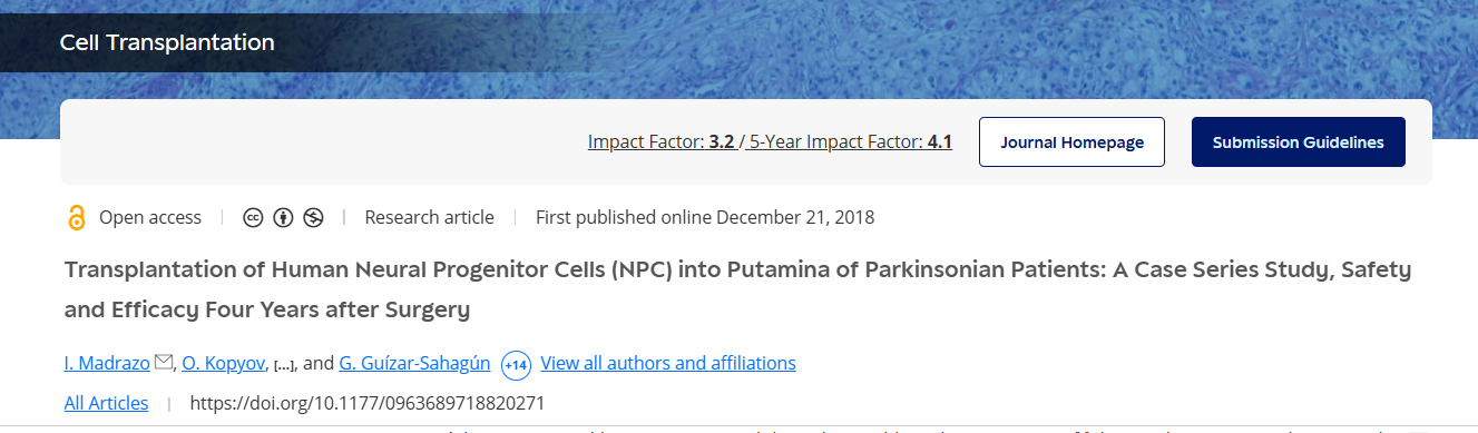 將人類神經祖細胞 (NPC) 移植到帕金森病患者的殼核中：病例系列研究、手術四年后的安全性和有效性