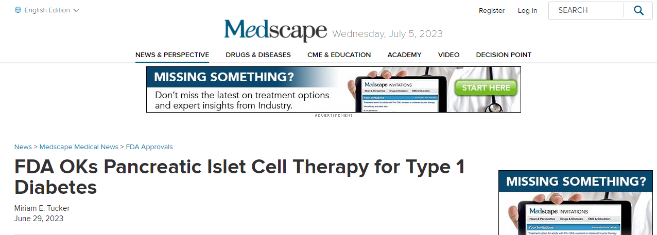 FDA批準Lantidra,首個治療1型糖尿病的細胞療法 FDA批準Lantidra,首個治療1型糖尿病的細胞療法