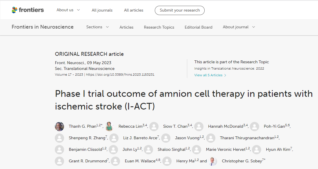 神經科學前沿雜志:羊膜細胞療法治療缺血性中風患者的I期試驗結果 神經科學前沿雜志:羊膜細胞療法治療缺血性中風患者的I期試驗結果