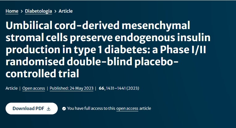 臍帶間充質干細胞可保護1型糖尿病患者的內源性胰島素分泌:I/II期臨床試驗 臍帶間充質干細胞可保護1型糖尿病患者的內源性胰島素分泌:I/II期臨床試驗