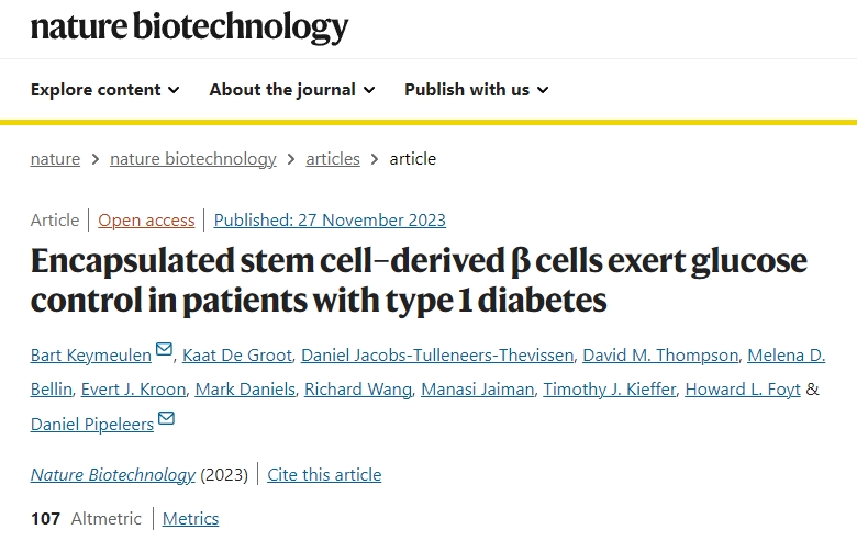 封裝干細胞衍生的β細胞對1型糖尿病患者發揮血糖控制作用 封裝干細胞衍生的β細胞對1型糖尿病患者發揮血糖控制作用