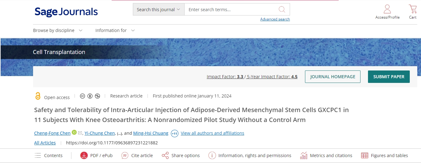 《細胞移植》期刊:關(guān)節(jié)內(nèi)注射干細胞顯著改善骨關(guān)節(jié)炎患者的疼痛和膝關(guān)節(jié)功能 《細胞移植》期刊:關(guān)節(jié)內(nèi)注射干細胞顯著改善骨關(guān)節(jié)炎患者的疼痛和膝關(guān)節(jié)功能