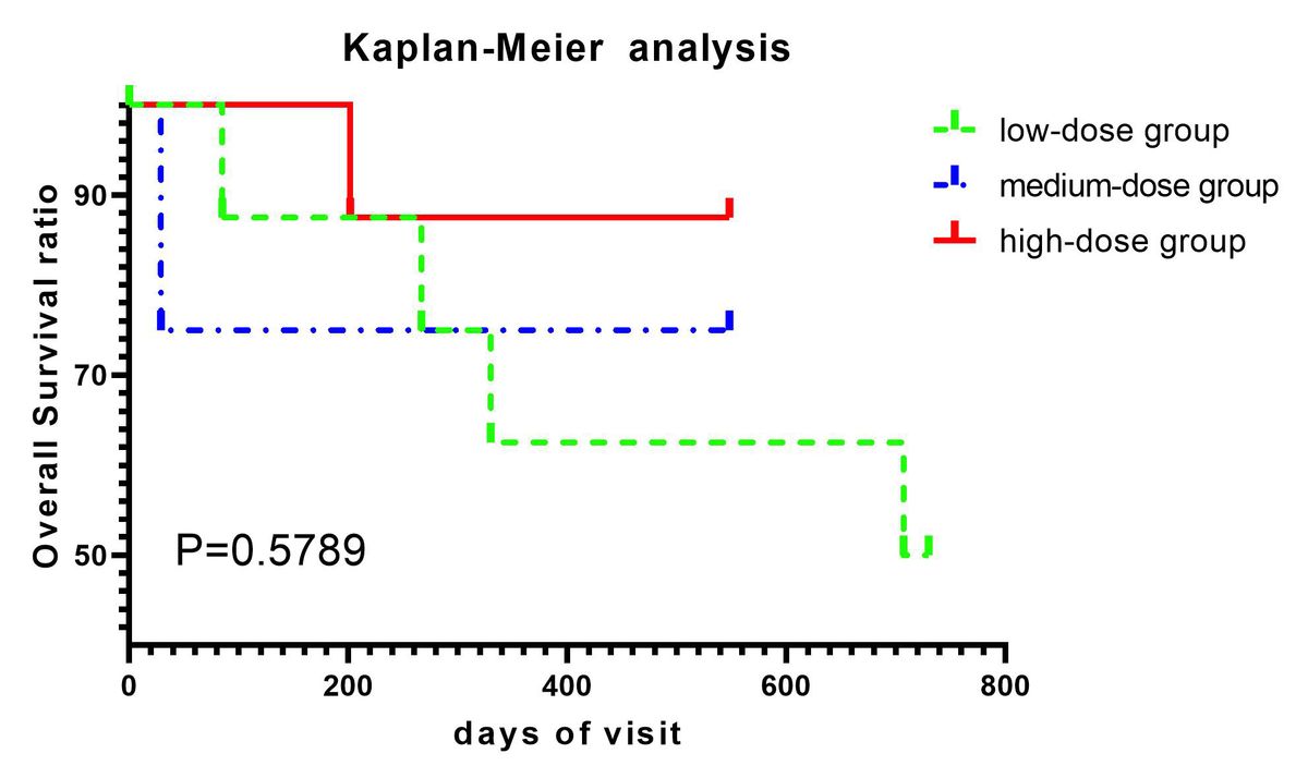 圖2：應用Kaplan-Meier生存分析來研究三組的生存情況。