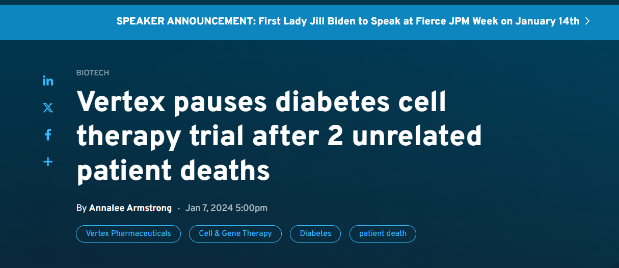 Vertex公司在兩例無(wú)關(guān)患者死亡后暫停干細(xì)胞治療糖尿病的試驗(yàn)