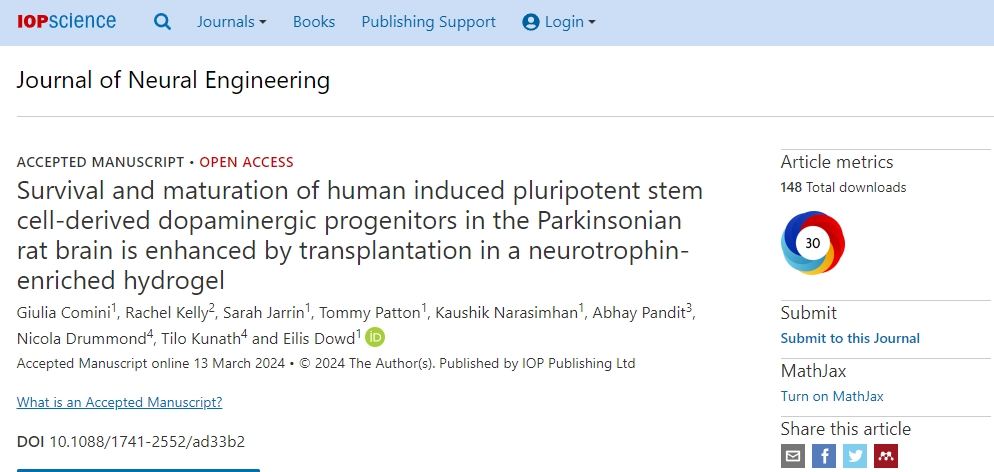 通過在富含神經營養素的水凝膠中移植人誘導的多能干細胞衍生的多巴胺能祖細胞,可以增強帕金森病大鼠腦中的存活和成熟。 通過在富含神經營養素的水凝膠中移植人誘導的多能干細胞衍生的多巴胺能祖細胞,可以增強帕金森病大鼠腦中的存活和成熟。