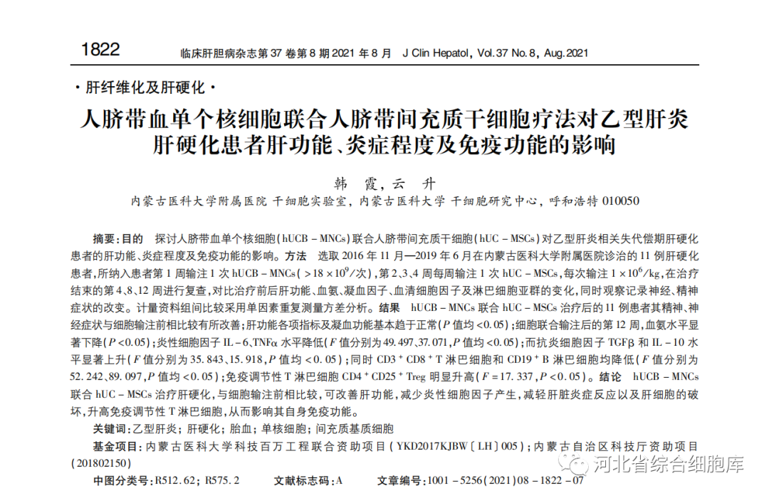 人臍帶血單個核細胞聯合人臍帶問充質干細胞療法對乙型肝炎肝硬化患者肝功能、炎癥程度及免疫功能的影響 人臍帶血單個核細胞聯合人臍帶問充質干細胞療法對乙型肝炎肝硬化患者肝功能、炎癥程度及免疫功能的影響