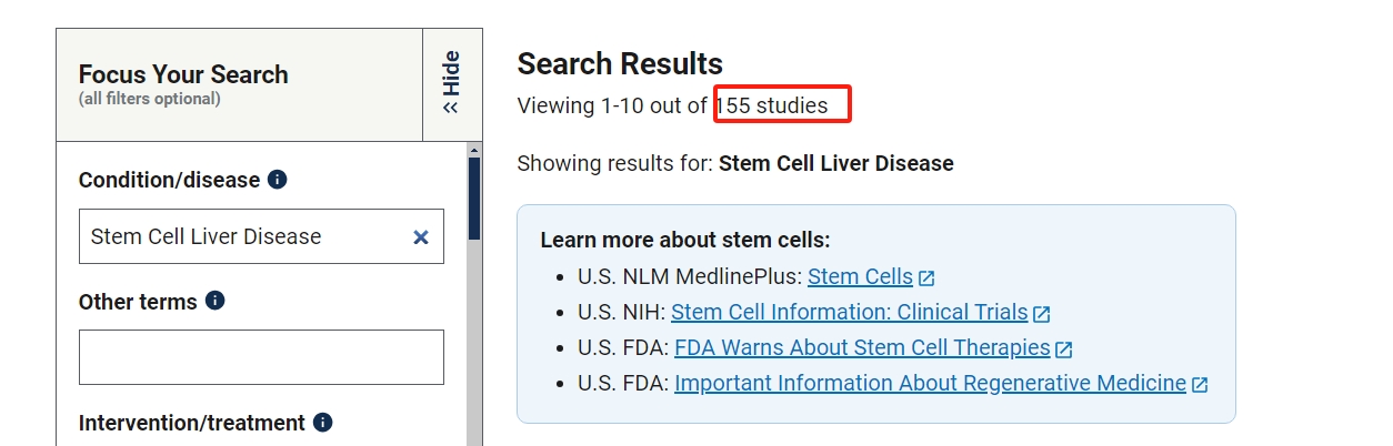 clinicaltrials.gov網站上注冊的有關干細胞治療肝病的臨床研究項目有155項。其中已完成的有53項。 clinicaltrials.gov網站上注冊的有關干細胞治療肝病的臨床研究項目有155項。其中已完成的有53項。