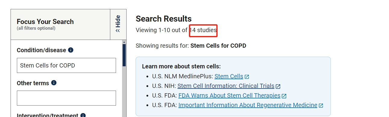 clinicaltrials.gov網(wǎng)站上注冊的有關(guān)干細(xì)胞治療慢性阻塞性肺病的臨床研究項(xiàng)目有14項(xiàng)。其中已完成的有6項(xiàng)。