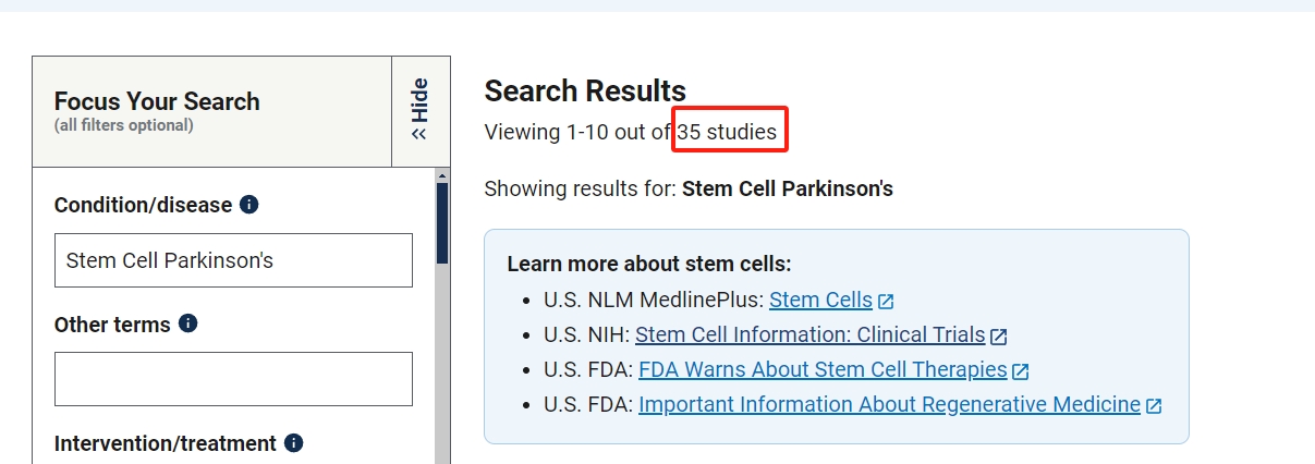 clinicaltrials.gov網(wǎng)站上注冊的有關(guān)干細(xì)胞治療帕金森的臨床研究項(xiàng)目有35項(xiàng)。其中已完成的有5項(xiàng)。 clinicaltrials.gov網(wǎng)站上注冊的有關(guān)干細(xì)胞治療帕金森的臨床研究項(xiàng)目有35項(xiàng)。其中已完成的有5項(xiàng)。