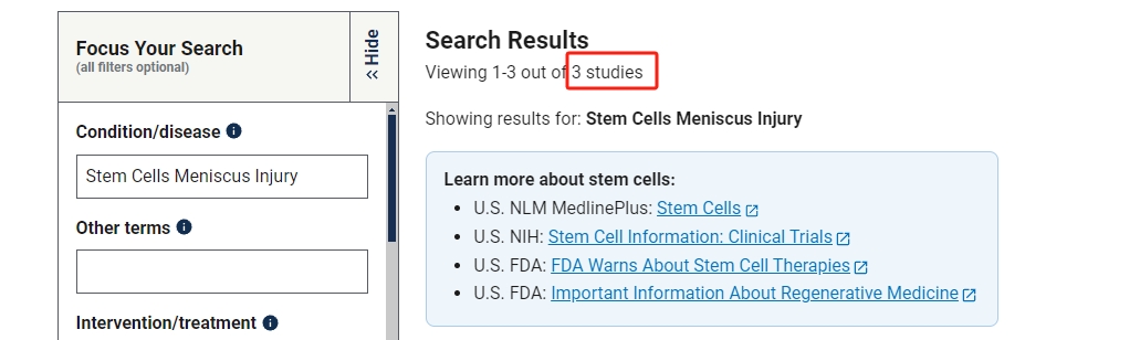clinicaltrials.gov網站上注冊的有關干細胞治療半月板損傷的臨床研究項目有3項 clinicaltrials.gov網站上注冊的有關干細胞治療半月板損傷的臨床研究項目有3項