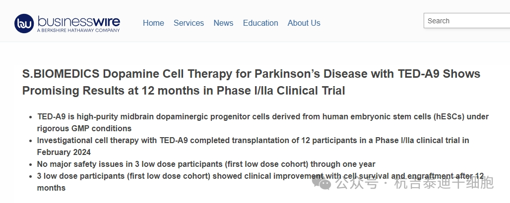 S.BlOMEDICS多巴胺細(xì)胞治療帕金森病與泰德- a9在12個月的i / la期臨床試驗顯示有希望的結(jié)果 S.BlOMEDICS多巴胺細(xì)胞治療帕金森病與泰德- a9在12個月的i / la期臨床試驗顯示有希望的結(jié)果