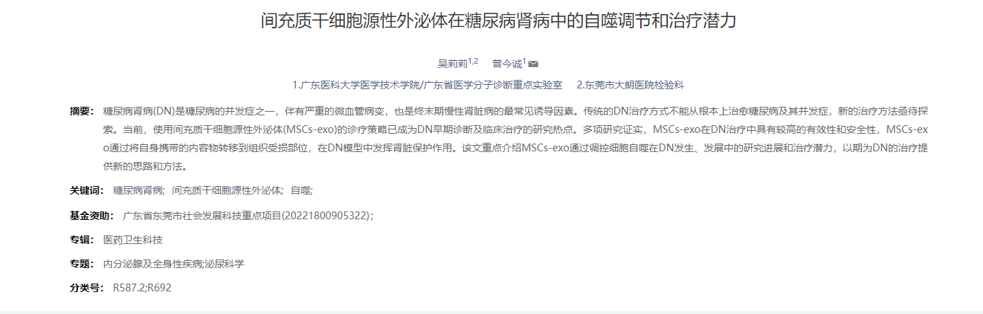 間充質(zhì)干細(xì)胞源性外泌體在糖尿病腎病中的自噬調(diào)節(jié)和治療潛力 間充質(zhì)干細(xì)胞源性外泌體在糖尿病腎病中的自噬調(diào)節(jié)和治療潛力