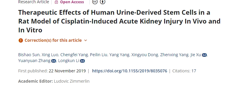 人尿干細胞對順鉑誘發的急性腎損傷大鼠模型的體內和體外治療效果