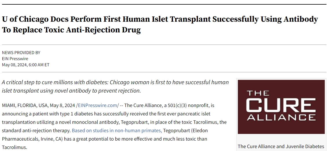 芝加哥大學醫生成功實施首例人類胰島移植手術,使用抗體替代有毒抗排斥藥物 芝加哥大學醫生成功實施首例人類胰島移植手術,使用抗體替代有毒抗排斥藥物