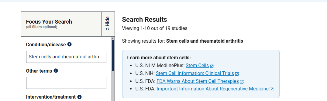 clinicaltrials.gov網(wǎng)站上注冊的有關干細胞治療類風濕關節(jié)炎臨床研究項目有19項 clinicaltrials.gov網(wǎng)站上注冊的有關干細胞治療類風濕關節(jié)炎臨床研究項目有19項