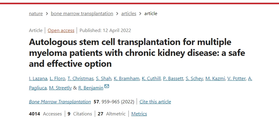 自體干細胞移植治療患有慢性腎病的多發性骨髓瘤患者：一種安全有效的選擇