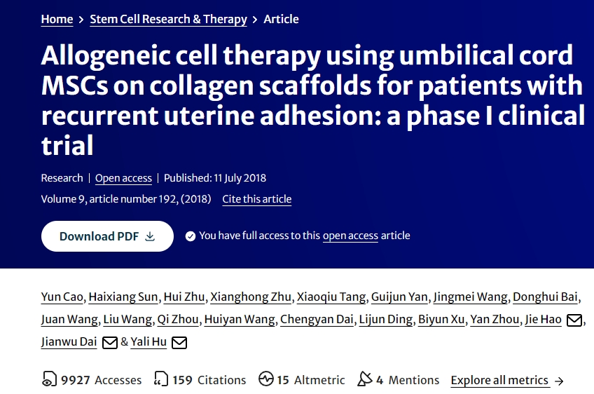 使用臍帶MSCs在膠原支架上進行異基因細胞治療復發性宮粘連患者:一項I期臨床試驗 使用臍帶MSCs在膠原支架上進行異基因細胞治療復發性宮粘連患者:一項I期臨床試驗