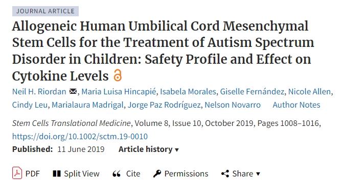 同種異體人臍帶間充質干細胞治療兒童自閉癥譜系障礙:安全性和對細胞因子水平的影響 同種異體人臍帶間充質干細胞治療兒童自閉癥譜系障礙:安全性和對細胞因子水平的影響