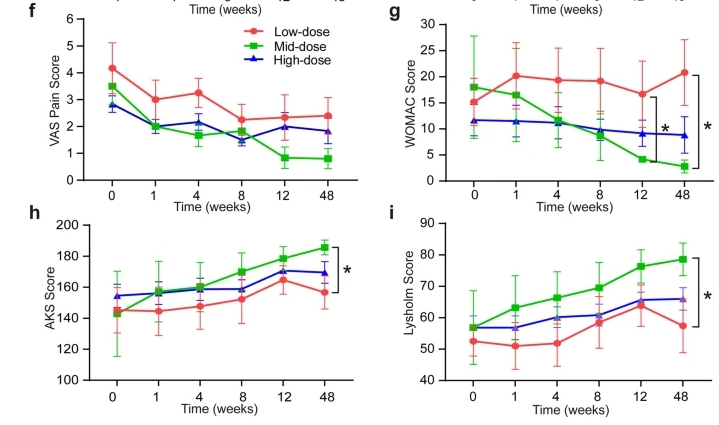 VAS 疼痛評分 ( f )、WOMAC 評分 ( g )。AKS 膝關(guān)節(jié)評分 ( h ) 和 Lysholm 膝關(guān)節(jié)量表 ( i )。