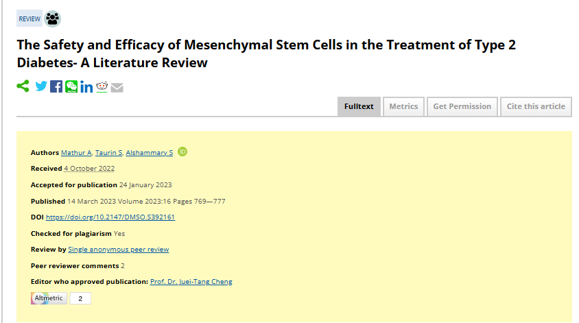 《間充質干細胞治療 2 型糖尿病的安全性和有效性 - 文獻綜述》 《間充質干細胞治療 2 型糖尿病的安全性和有效性 - 文獻綜述》