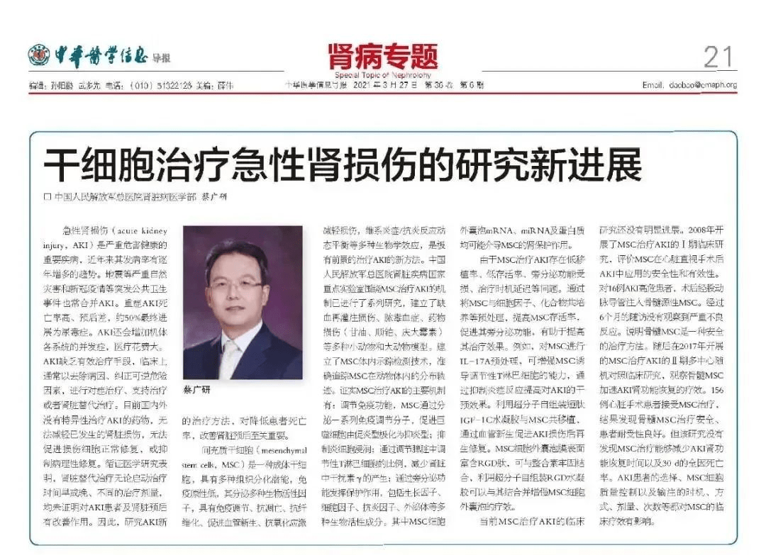 “干細胞治療急性腎損傷的研究新進展 “干細胞治療急性腎損傷的研究新進展