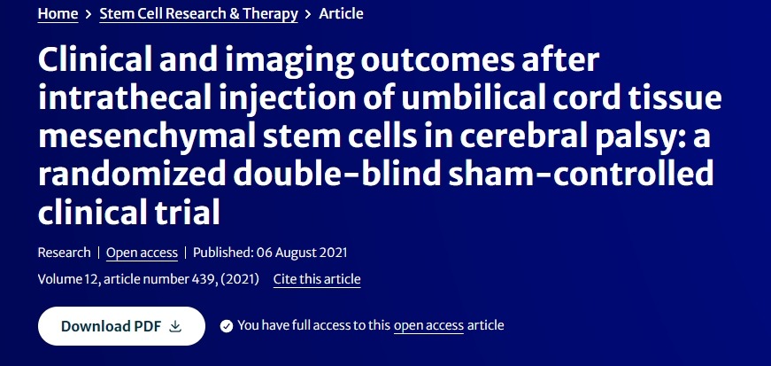 ‘臍帶組織間充質干細胞鞘內注射治療腦癱患者后的臨床和影像學結果：一項隨機雙盲假對照臨床試驗