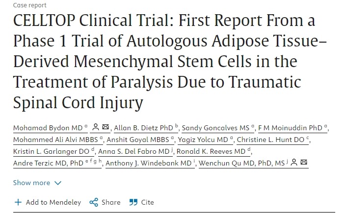 CELLTOP 臨床試驗:自體脂肪組織來源的間充質(zhì)干細胞治療創(chuàng)傷性脊髓損傷所致癱瘓的 1 期臨床試驗首份報告 CELLTOP 臨床試驗:自體脂肪組織來源的間充質(zhì)干細胞治療創(chuàng)傷性脊髓損傷所致癱瘓的 1 期臨床試驗首份報告