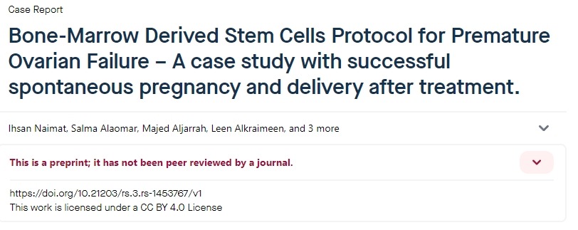 骨髓來源干細胞治療卵巢早衰的方案——治療后成功自然妊娠和分娩的案例研究。
