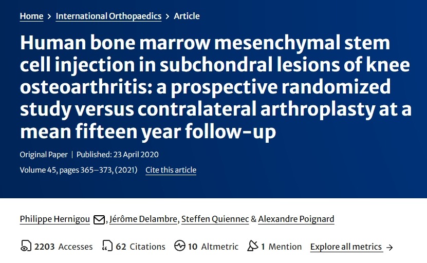 人類骨髓間充質(zhì)干細(xì)胞注射治療膝骨關(guān)節(jié)炎軟骨下?lián)p傷：一項(xiàng)前瞻性隨機(jī)研究，對(duì)比平均15年隨訪的對(duì)側(cè)關(guān)節(jié)置換術(shù)