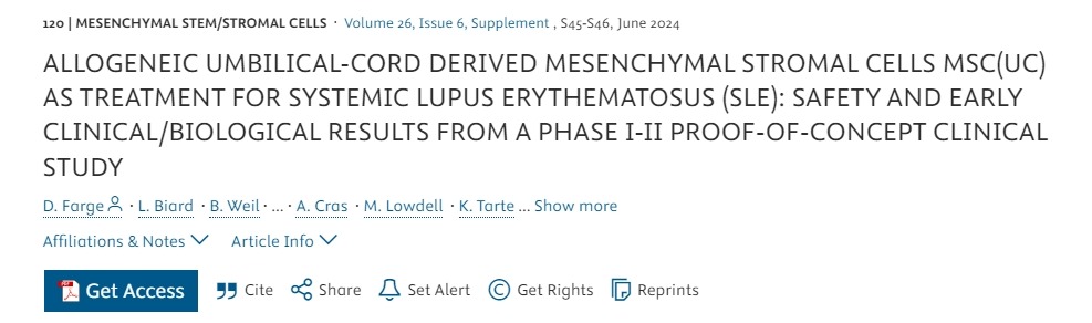 同種異體臍帶間充質基質細胞 MSC(UC) 治療系統性紅斑狼瘡 (SLE):I-II 期概念驗證臨床研究的安全性和早期臨床/生物學結果 同種異體臍帶間充質基質細胞 MSC(UC) 治療系統性紅斑狼瘡 (SLE):I-II 期概念驗證臨床研究的安全性和早期臨床/生物學結果