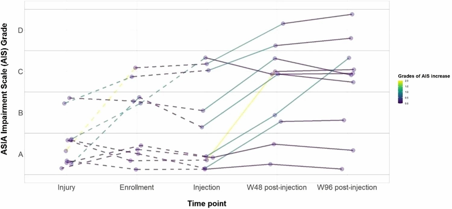 圖2：受傷、入組、注射和最終隨訪時的 AIS 等級。