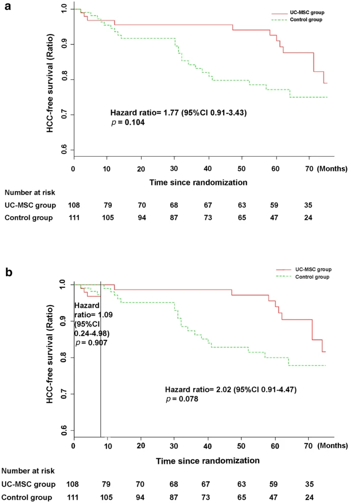 圖5：接受UC-MSC輸注或常規治療方案治療的HBV相關失代償性肝硬化患者的HCC無事件率。