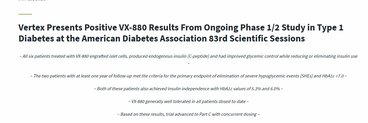 Vertex 在美國糖尿病協(xié)會第 83 屆科學(xué)會議上公布了正在進(jìn)行的 1/2 期1型糖尿病 VX-880 研究的積極結(jié)果。 Vertex 在美國糖尿病協(xié)會第 83 屆科學(xué)會議上公布了正在進(jìn)行的 1/2 期1型糖尿病 VX-880 研究的積極結(jié)果。