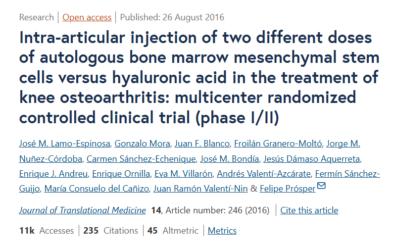 關(guān)節(jié)腔內(nèi)注射兩種不同劑量自體骨髓間充質(zhì)干細(xì)胞與透明質(zhì)酸治療膝骨關(guān)節(jié)炎的多中心隨機(jī)對照臨床試驗(yàn)(I/II期) 關(guān)節(jié)腔內(nèi)注射兩種不同劑量自體骨髓間充質(zhì)干細(xì)胞與透明質(zhì)酸治療膝骨關(guān)節(jié)炎的多中心隨機(jī)對照臨床試驗(yàn)(I/II期)