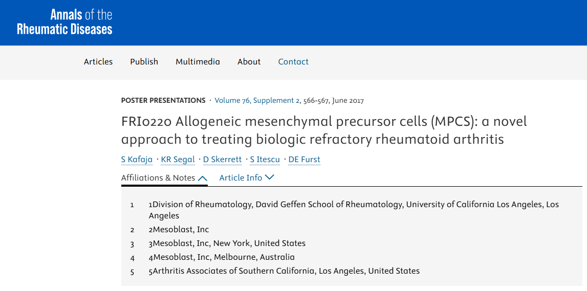 FRI0220 同種異體間充質(zhì)前體細(xì)胞(MPCS):治療生物難治性類風(fēng)濕性關(guān)節(jié)炎的新方法 FRI0220 同種異體間充質(zhì)前體細(xì)胞(MPCS):治療生物難治性類風(fēng)濕性關(guān)節(jié)炎的新方法