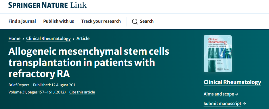 異基因間充質(zhì)干細(xì)胞移植治療難治性類風(fēng)濕性關(guān)節(jié)炎 異基因間充質(zhì)干細(xì)胞移植治療難治性類風(fēng)濕性關(guān)節(jié)炎