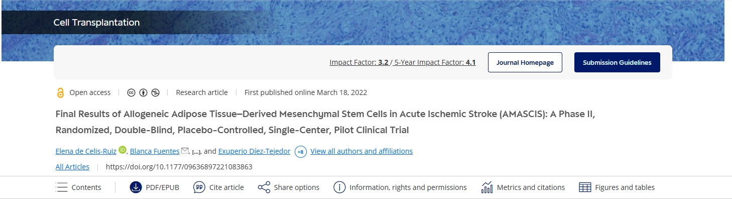 同種異體脂肪組織來源的間充質干細胞治療急性缺血性中風 (AMASCIS) 的最終結果：一項II期、隨機、雙盲、安慰劑對照、單中心、試點臨床試驗