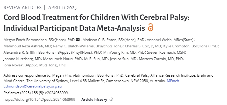 腦癱兒童臍帶血細胞治療：個體參與者數據薈萃分析