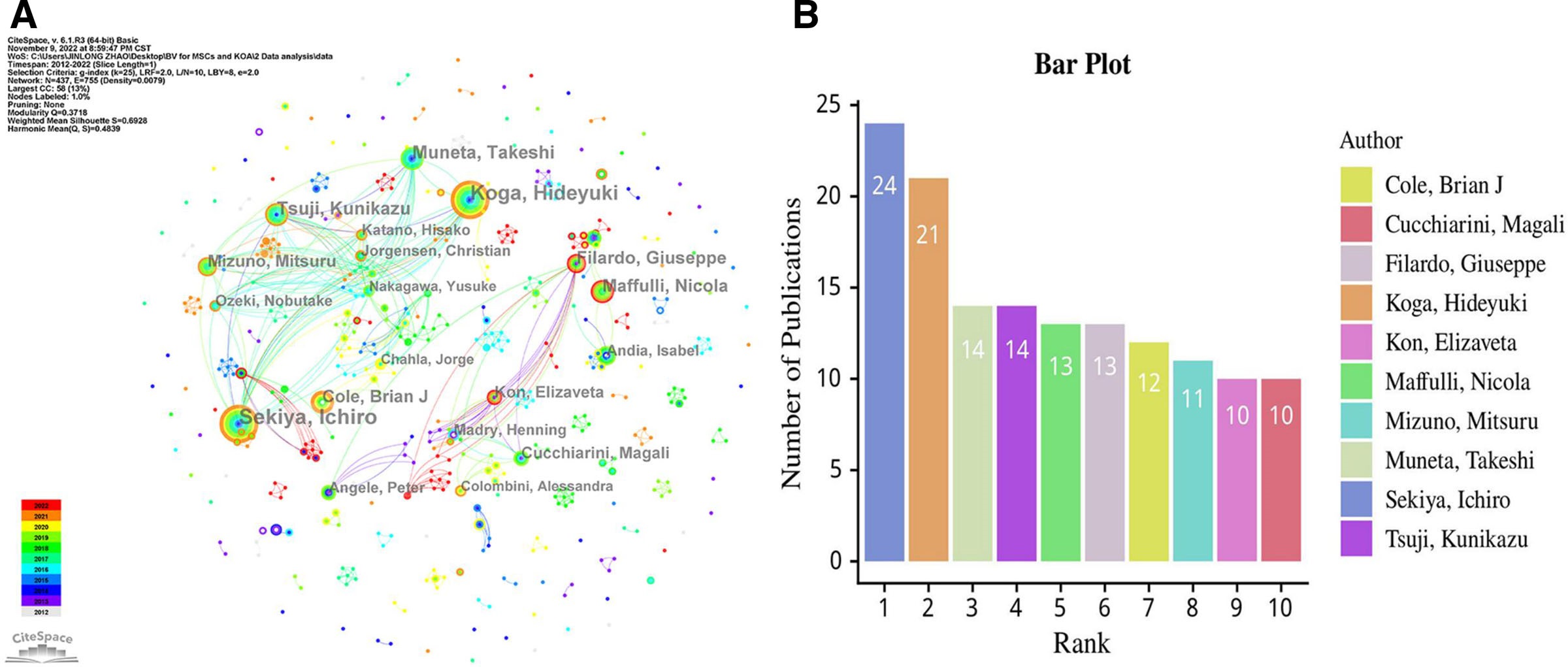 圖3：(A) 參與MSCs和KOA研究的作者網絡可視化。(B) 前10位高產作者。