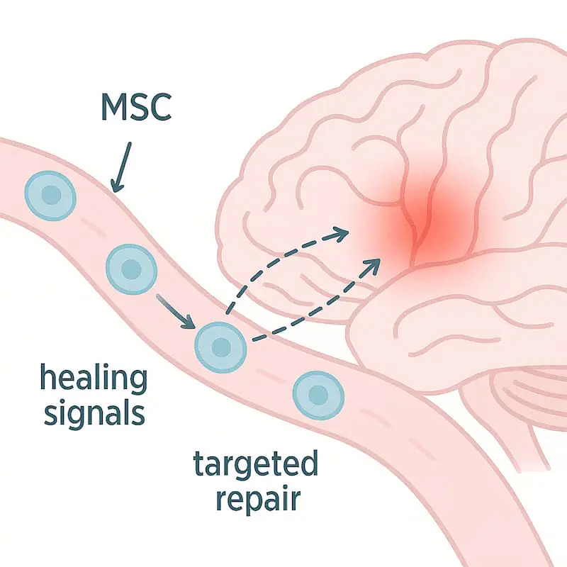 MSCs在血液中循環，并通過生物活性分子向細胞發送信號。這觸發了個體自身干細胞的激活過程，從而緩解炎癥并加速神經系統內的生理過程。