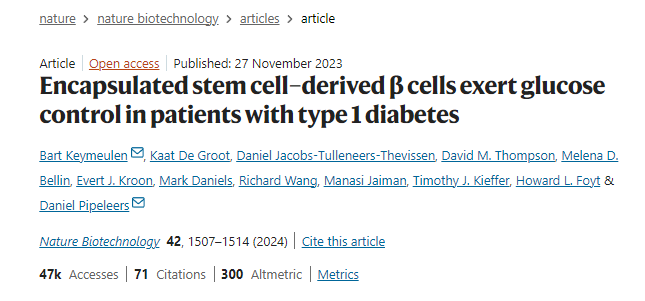 封裝的干細胞衍生的β細胞對1型糖尿病患者發揮血糖控制作用 封裝的干細胞衍生的β細胞對1型糖尿病患者發揮血糖控制作用