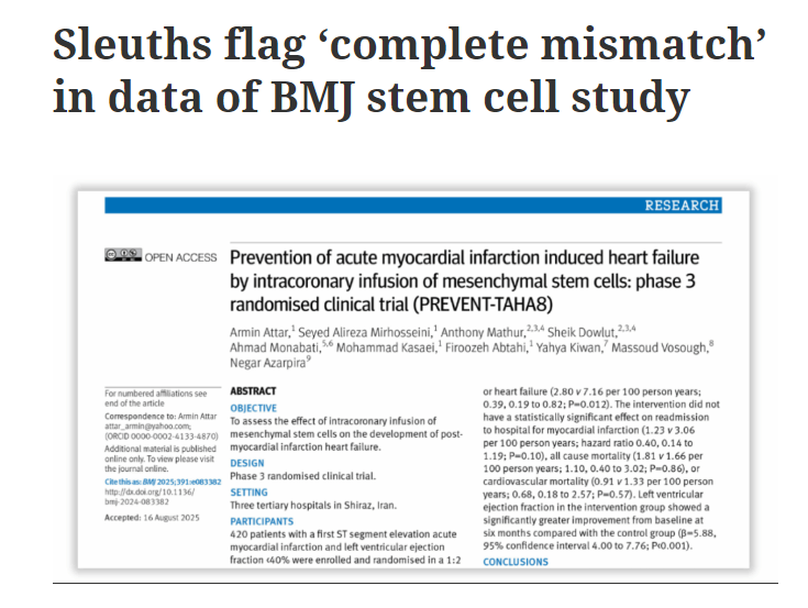 偵查人員在《英國醫學雜志》干細胞研究的數據中發現“完全不匹配” 偵查人員在《英國醫學雜志》干細胞研究的數據中發現“完全不匹配”