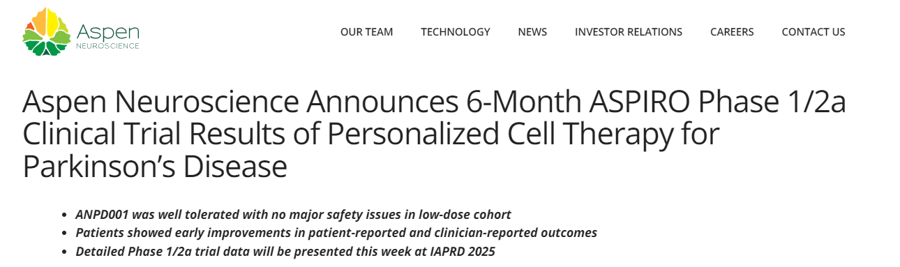 Aspen Neuroscience公布了針對(duì)帕金森病個(gè)性化細(xì)胞療法的ASPIRO 1/2a期臨床試驗(yàn)6個(gè)月結(jié)果 Aspen Neuroscience公布了針對(duì)帕金森病個(gè)性化細(xì)胞療法的ASPIRO 1/2a期臨床試驗(yàn)6個(gè)月結(jié)果