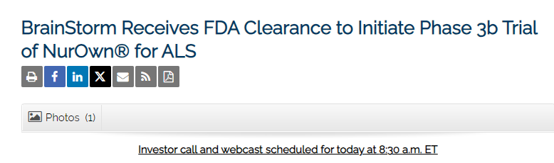 BrainStorm公司獲得FDA批準(zhǔn)，啟動NurOwn?治療ALS的3b期臨床試驗