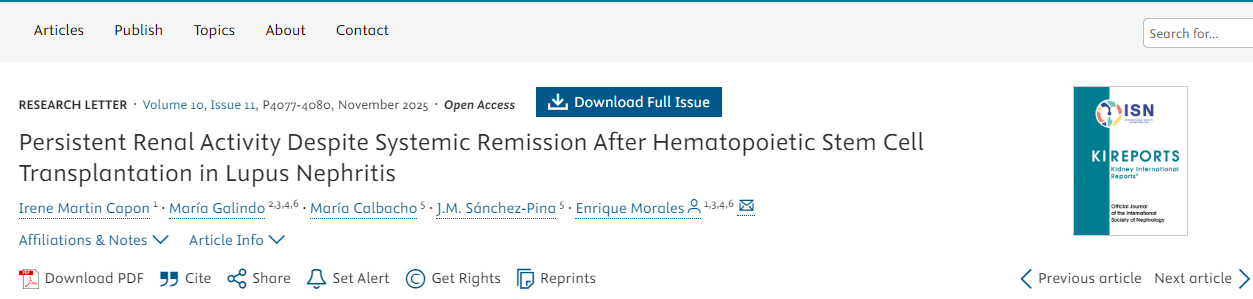狼瘡性腎炎患者接受造血干細胞移植后，盡管全身癥狀緩解，但腎臟活動仍持續存在