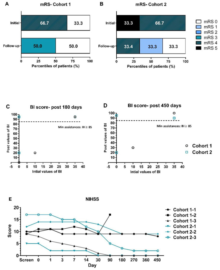 圖2：采用改良Rankin量表（mRS）、美國國立衛生研究院卒中量表（NIHSS）和Barthel指數（BI）進行臨床功能評估。?(A, B) 隊列1和隊列2在基線和隨訪結束時的mRS評分分布。(C, D) 所有患者在初始篩選時的BI評分值與治療后180天和450天的BI評分值進行比較。(E) 所有患者在整個試驗期間的NIHSS評估。